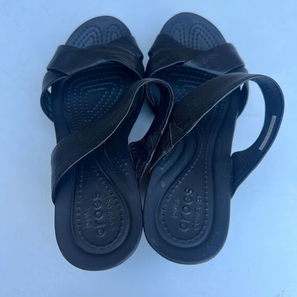 2/$24 Crocs Leather Strap Wedge Sandals Womens Size 6 - Picture 5 of 8